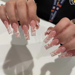 Long Coffin Press On Nails Nude Pink Gradient With White Lines And Faux Artificial Pearl Decor Detachable French Style False Nails