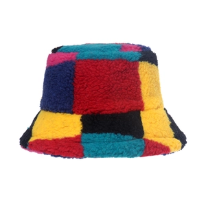 Colorful plaid patchwork fleece bucket hat for outdoor fashion in autumn and winter