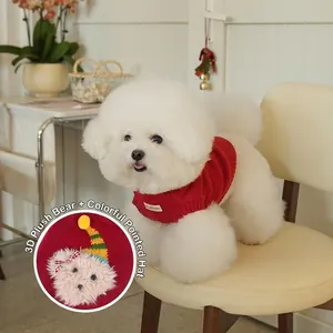 Festive red pet knitted sweater featuring a 3D plush bear for dogs and cats