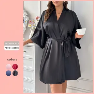 Women Plus Size Satin Robe Imitation Satin V-Neck Tie Waist Sleepwear Loungewear Nightgown Solid Color Satiny Bathrobe