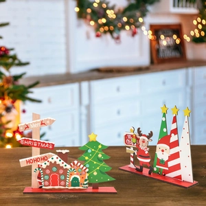 Wooden Christmas puzzle desktop ornament with Santa, reindeer and tree on wooden table