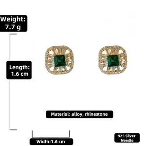 Detail view of vintage square earrings with green stone, silver needles, and measurements