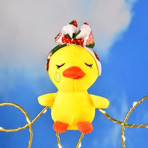 Cute yellow plush duck toy with strawberry bow headband for bag charm accessory