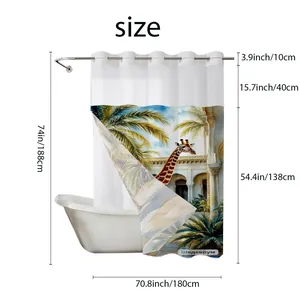 Detailed size chart for waffle fabric shower curtain with giraffe and palm tree design