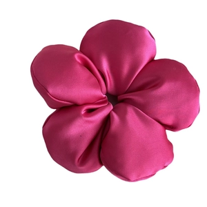 Elegant pink satin flower hair scrunchie with glossy finish for women's hair accessories