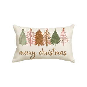 Linen Christmas lumbar pillow cover with Merry Christmas print and festive ornament pattern