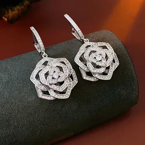 Hollow Flower Hoop Dangle Earrings With Silver Earring Post Cubic Zirconia Copper Luxury Jewelry For Women