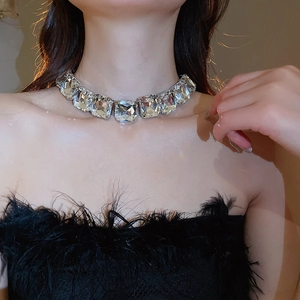 Close-up of a silver-toned choker necklace with large square-cut sparkling crystals on a model