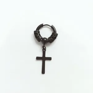 Detail of gothic black skull and cross drop earrings in stainless steel finish