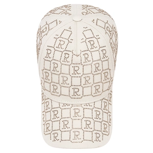 Trendy beige women's baseball cap featuring a sparkling rhinestone R letter monogram pattern