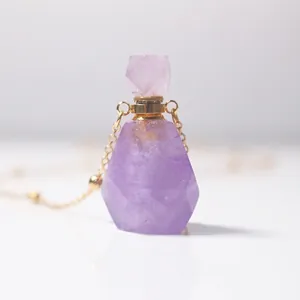 Natural amethyst essential oil bottle pendant with 18K gold chain and crystal cap