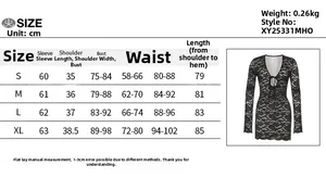 Detailed size chart for lace mini dress showing measurements for S to XL sizes