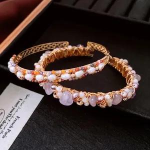 Vintage 18K Gold Plated Open Bangle Bracelet With Amethyst And Artificial Pearl Hand Wrapped Wire For Women Luxury