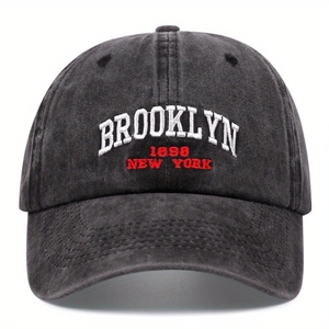 Vintage washed charcoal baseball cap with white Brooklyn 1898 embroidery and curved brim