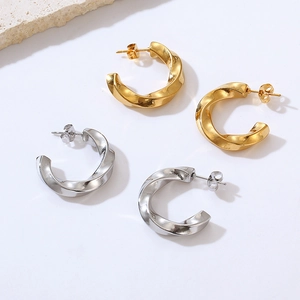 Twisted C-Shaped Hoop Earrings Stainless Steel 18K Gold Plated Geometric Minimalist Trendy Fashion Accessory For Women
