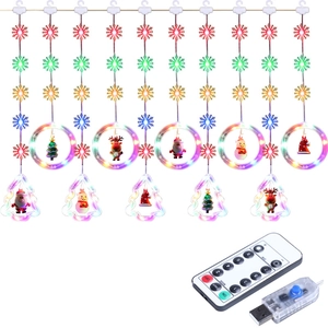 LED Christmas curtain lights with snowflake rings and 3D Santa reindeer figurines