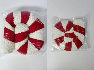 Peppermint candy plush pillow shown in its original state and vacuum compressed packaging