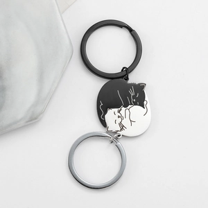 Cute black and white cat couple keychain set in stainless steel for best friends