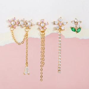 Floral earring set with zircons, pearls, and long tassel chains in gold plating