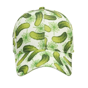 White baseball cap with green cucumber and dill print design for sun protection
