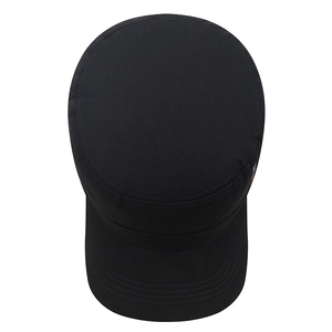 Classic black cotton flat top cadet cap with adjustable back and reinforced stitching