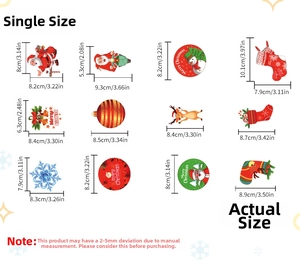 Tableau des tailles pour divers autocollants de Noël incluant Père Noël et flocons