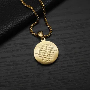 Golden round Serenity Prayer pendant necklace with a vintage square box chain for men
