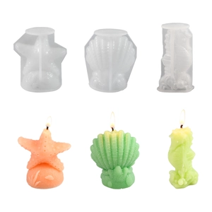 Moules en silicone pour étoile de mer coquillage et hippocampe avec exemples de bougies