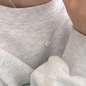 Minimalist 925 sterling silver heart pendant necklace with pink and black zircon stones