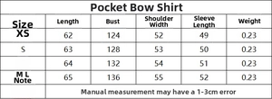 Detailed size chart for bow-tie shirt showing chest width and sleeve length in centimeters