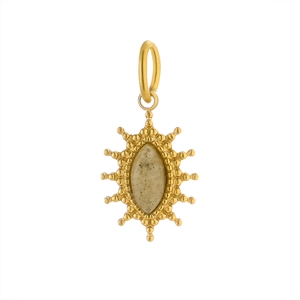 Detail of vintage gold sunburst pendant featuring an oval natural gray stone inlay