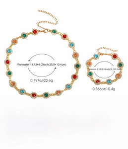 Detailed spec sheet showing colorful heart necklace and bracelet set sizes and weight