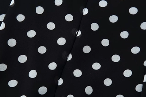Detailed close-up of black chiffon fabric with white polka dot print texture