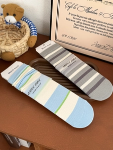 Detail of striped cotton crew socks with packaging in blue and grey color variants