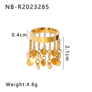 Macro shot of gold stainless steel ring with tassel chains and 2.1cm drop length details