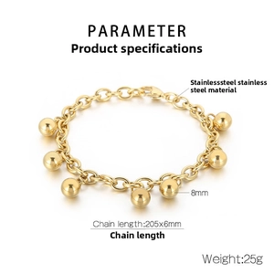 Detailed specs of stainless steel ball bracelet with 8mm beads and polished finish