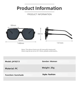 Detailed technical size chart for women's large frame sunglasses with full measurements