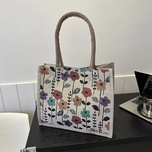 Large capacity floral canvas tote bag with rope handles for women stylish commuting bag