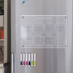 Clear acrylic weekly planner for fridge with six colored markers and metal mounts