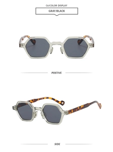 Close-up of geometric polygon sunglasses with transparent grey frames and tortoiseshell temples