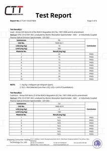 Official CTT test report showing REACH compliance for lead and cadmium in stainless steel