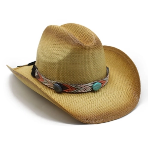 Wide brim straw cowboy hat with ethnic turquoise beaded band for outdoor sun protection