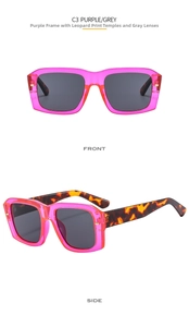 Front and side views of purple frame sunglasses with tortoiseshell temples and grey lenses