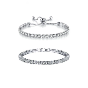 Dual silver tennis bracelets with cubic zirconia in adjustable and folding clasp styles