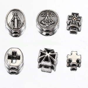 Set of 6 vintage antique silver religious beads with cross and saint portrait relief