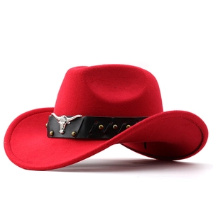 Classic red felt western cowboy hat with black leather band and silver bull head logo