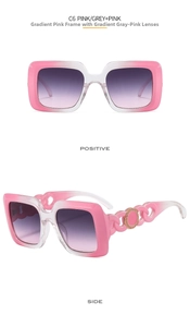 Detail showing square frame sunglasses with pink gradient and Greco pattern on gold hinge