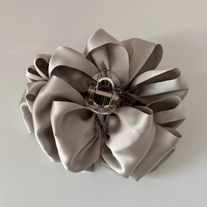 Elegant grey silk bow shark hair claw clip with transparent plastic teeth for women