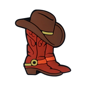 Cartoon red cowboy boots with brown hat silicone charm accessory on white background