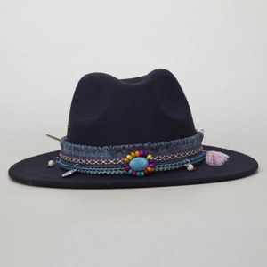 Detail of navy wool fedora hat featuring ethnic woven bands and turquoise stone accent
